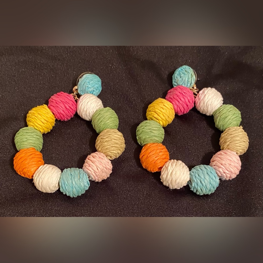 Colorful Rope (Raffia wrapped) Bead Hoop Earrings - Multicolor